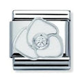 Nomination charm showcasing a white rose with a sparkling center stone. Elegant composable link for personalized bracelets.