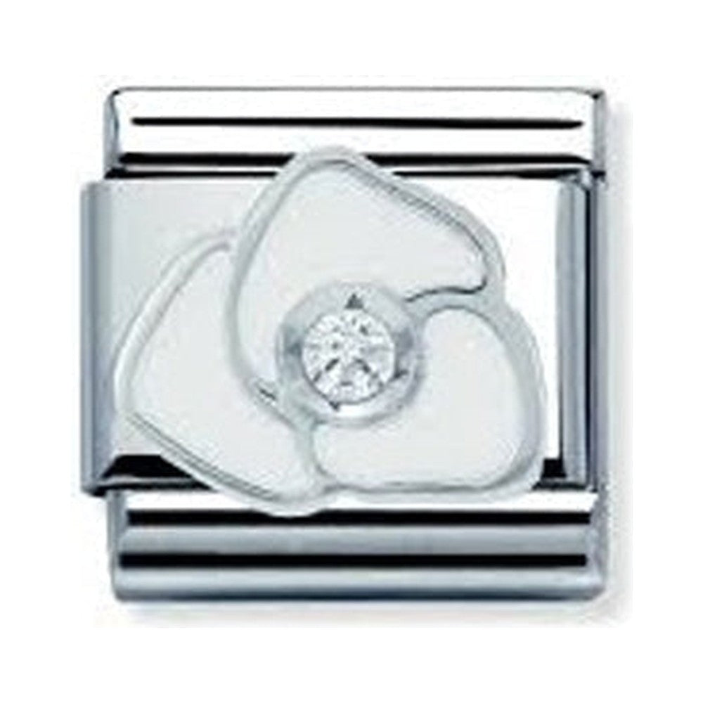 Nomination charm showcasing a white rose with a sparkling center stone. Elegant composable link for personalized bracelets.