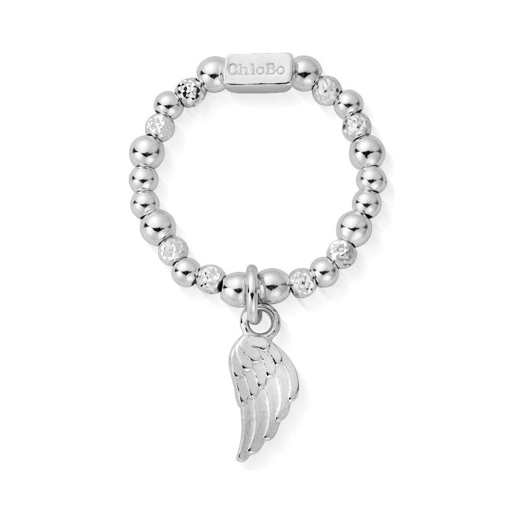 Chlobo ring featuring silver beads, angel wing charm & ChloBo branded rectangular detail.