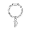Chlobo ring featuring silver beads, angel wing charm & ChloBo branded rectangular detail.