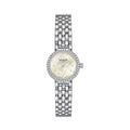 Close-up of the Tissot Ladies Bracelet Watch showcasing its mother-of-pearl dial, diamond bezel, and elegant link bracelet.