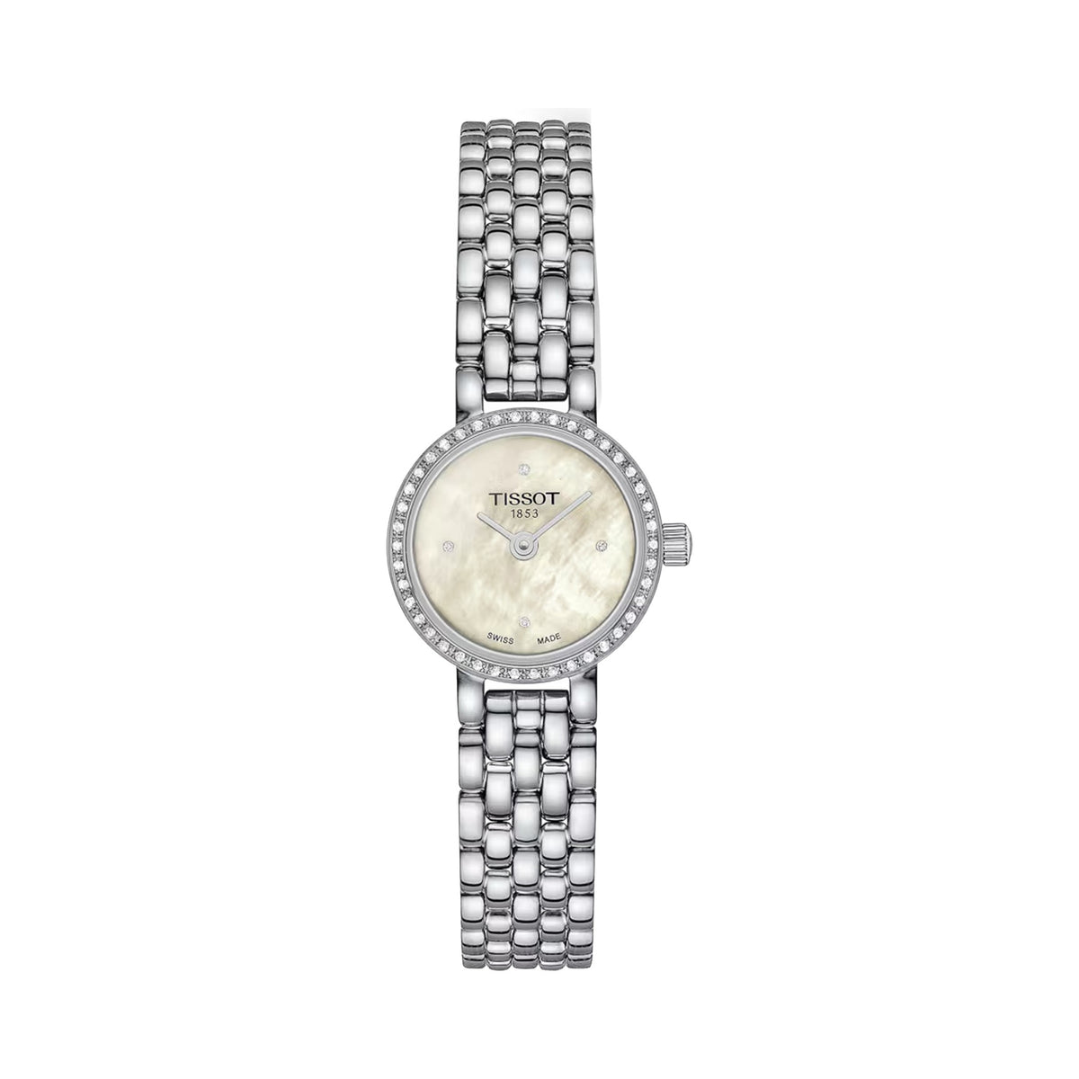 Close-up of the Tissot Ladies Bracelet Watch showcasing its mother-of-pearl dial, diamond bezel, and elegant link bracelet.