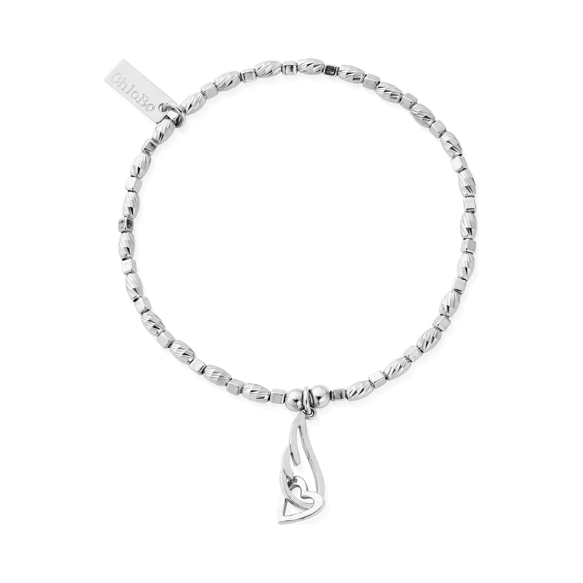 ChloBo bracelet with interlinked heart and angel wing charm. Silver beaded design. Perfect gift.