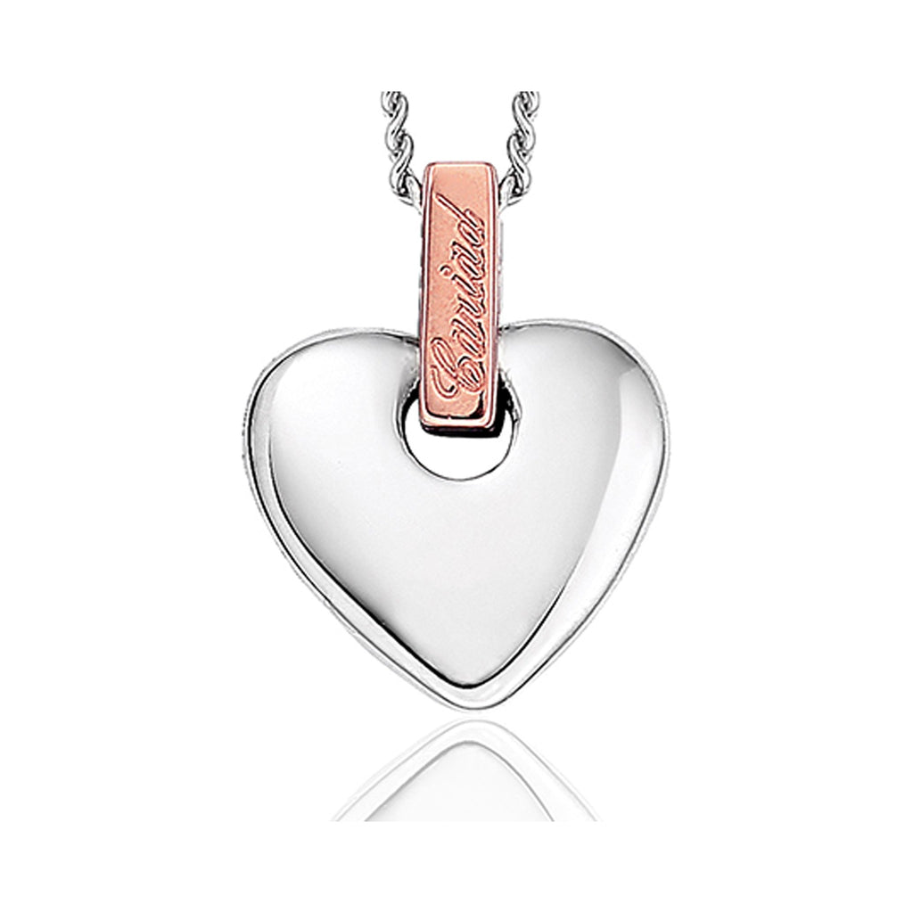 Clogau Cariad heart pendant in sterling silver, featuring a rose gold accent with the word "Cariad" engraved. Welsh gold
