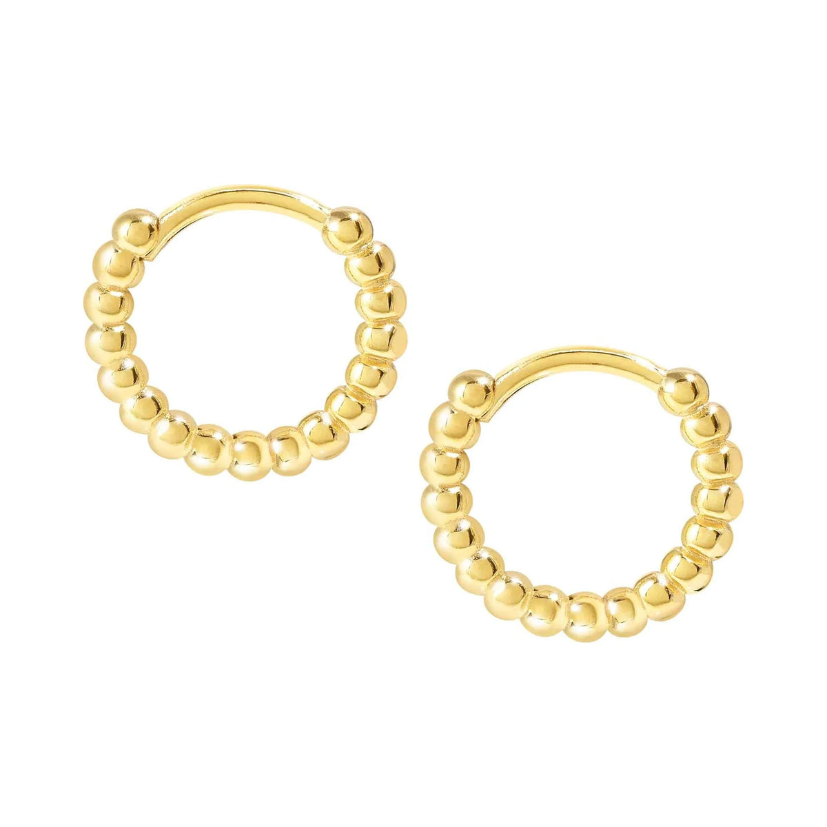 Close-up of Nomination Lovecloud mini hoop earrings, showcasing the gold-plated beaded design. Jewelry details.