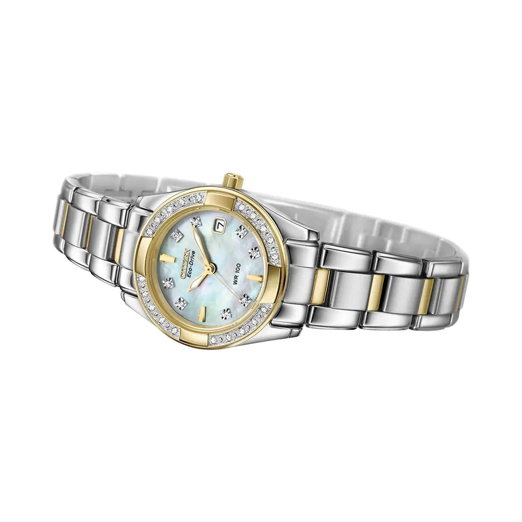 Citizen Eco Drive Regent watch showcasing its mother-of-pearl face, diamond bezel, and two-tone metal band.