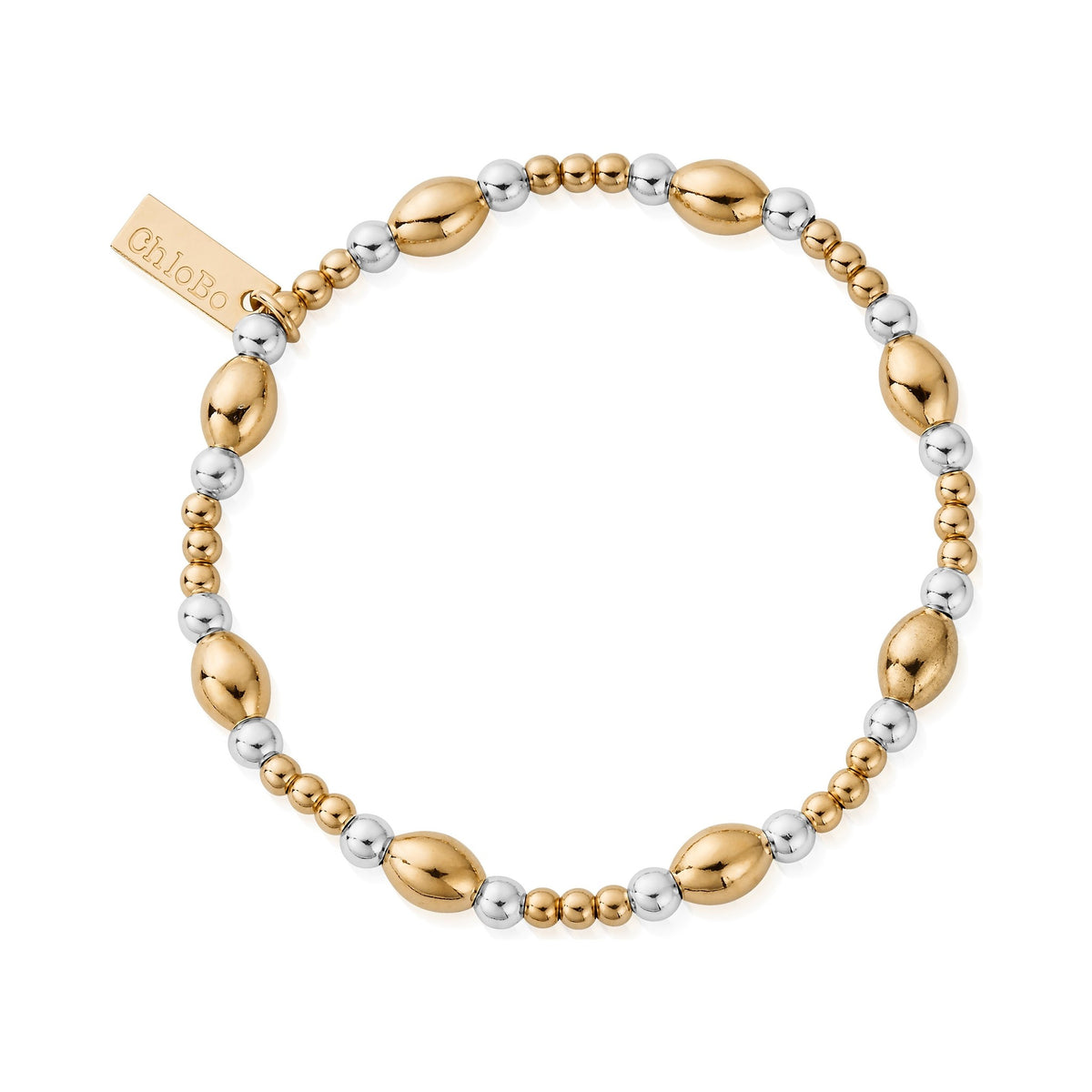 ChloBo gold and silver plated bracelet with oval beads and branded tag, showcasing jewelry design.