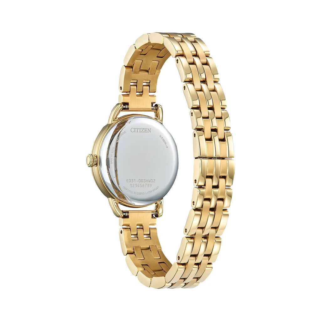 Back of a Citizen Eco Drive gold watch with a gold plated bracelet, showing model number E031-003HW02 and Citizen logo.