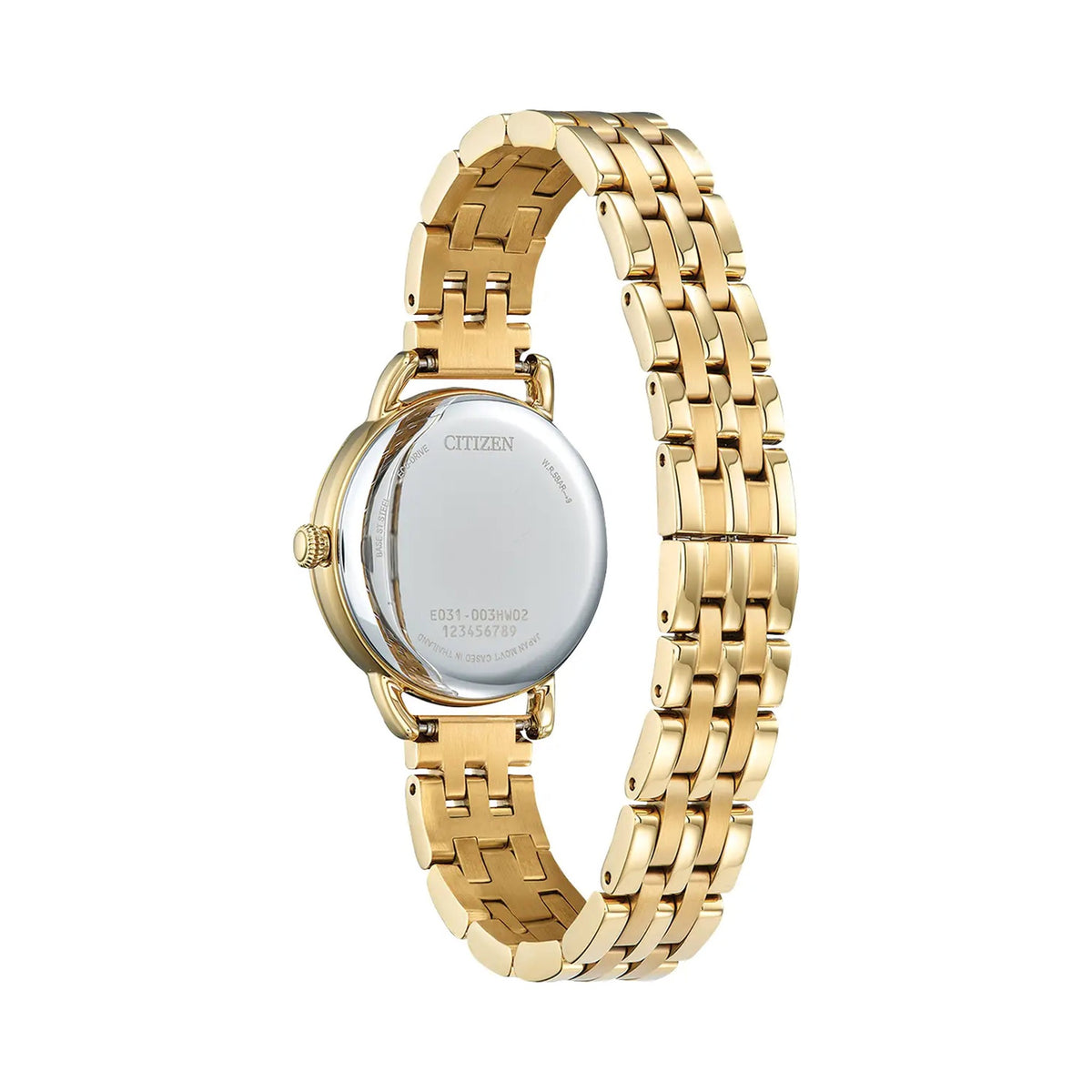 Back of a Citizen Eco Drive gold watch with a gold plated bracelet, showing model number E031-003HW02 and Citizen logo.