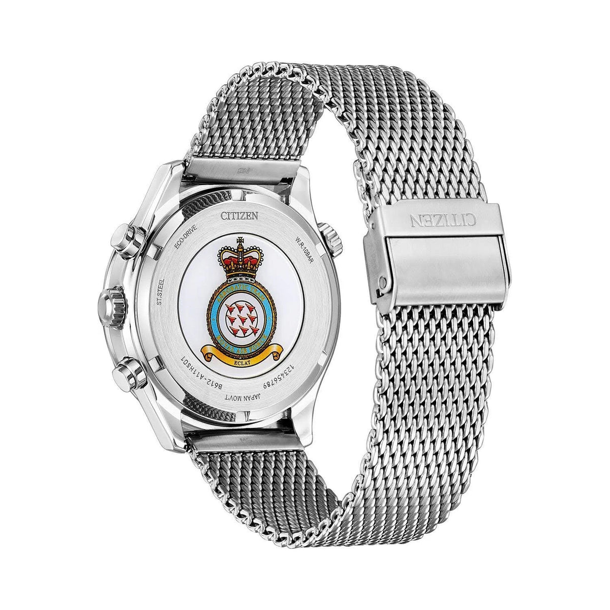 Close-up of the Citizen Eco-Drive watch, showcasing stainless steel bracelet and caseback detail, plus the watch model