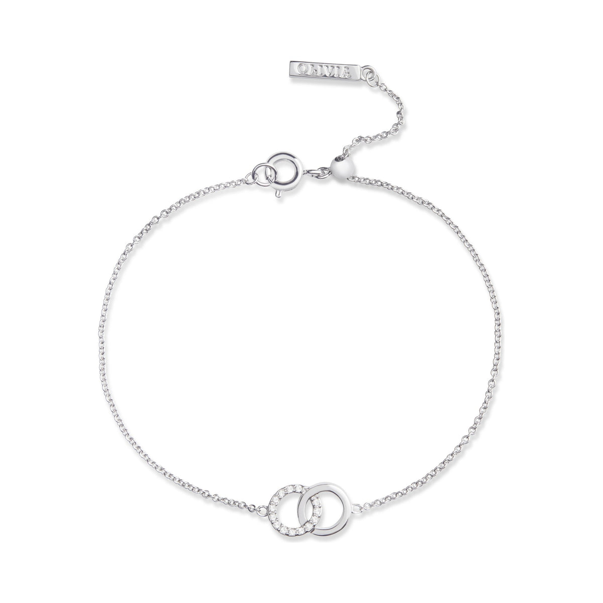 Sterling silver Olivia Burton chain bracelet featuring interlinked circles, one set with cubic zirconia stones.