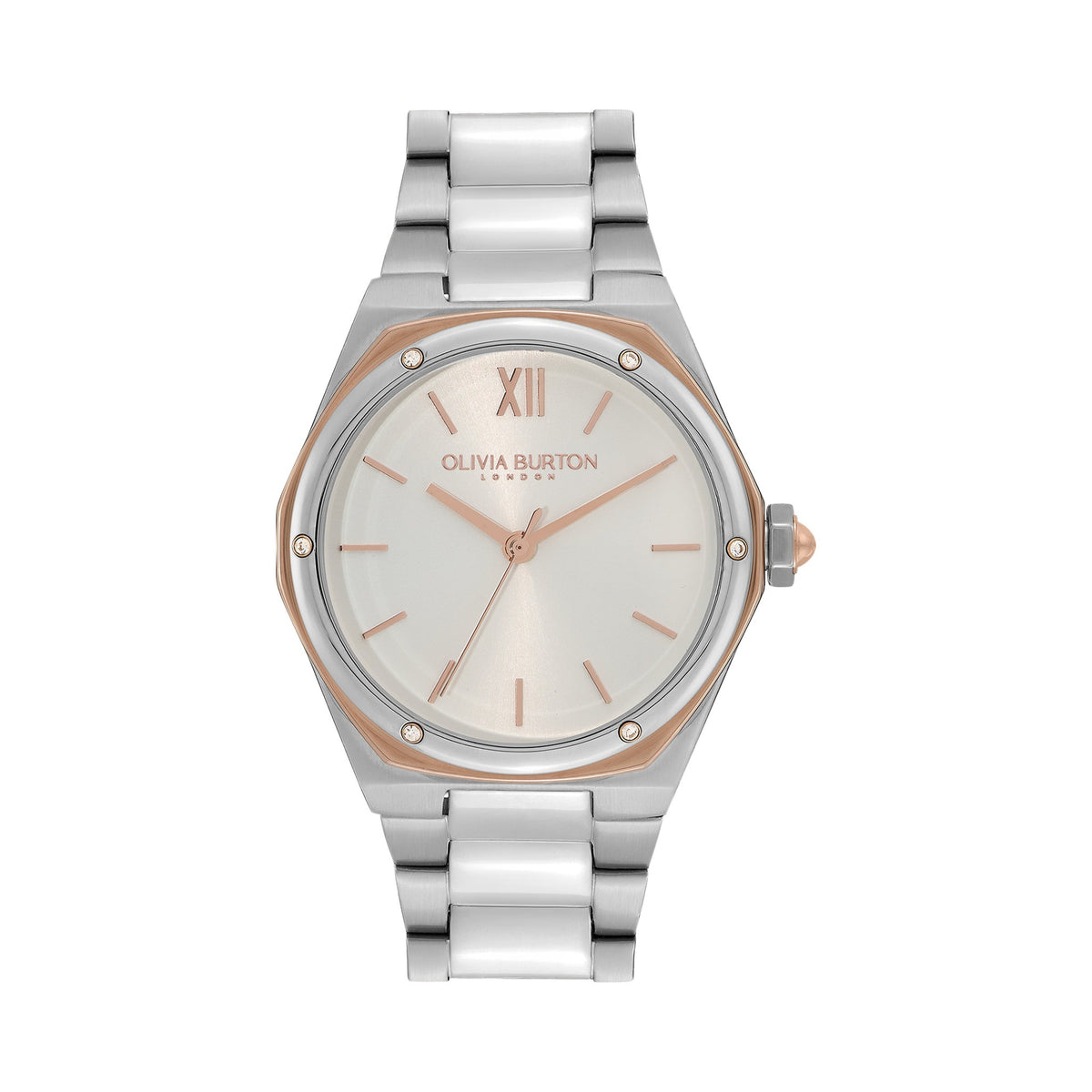 Olivia Burton watch close-up, highlighting two-tone stainless steel & hexagon design of Sports Luxe Hexa bracelet watch.