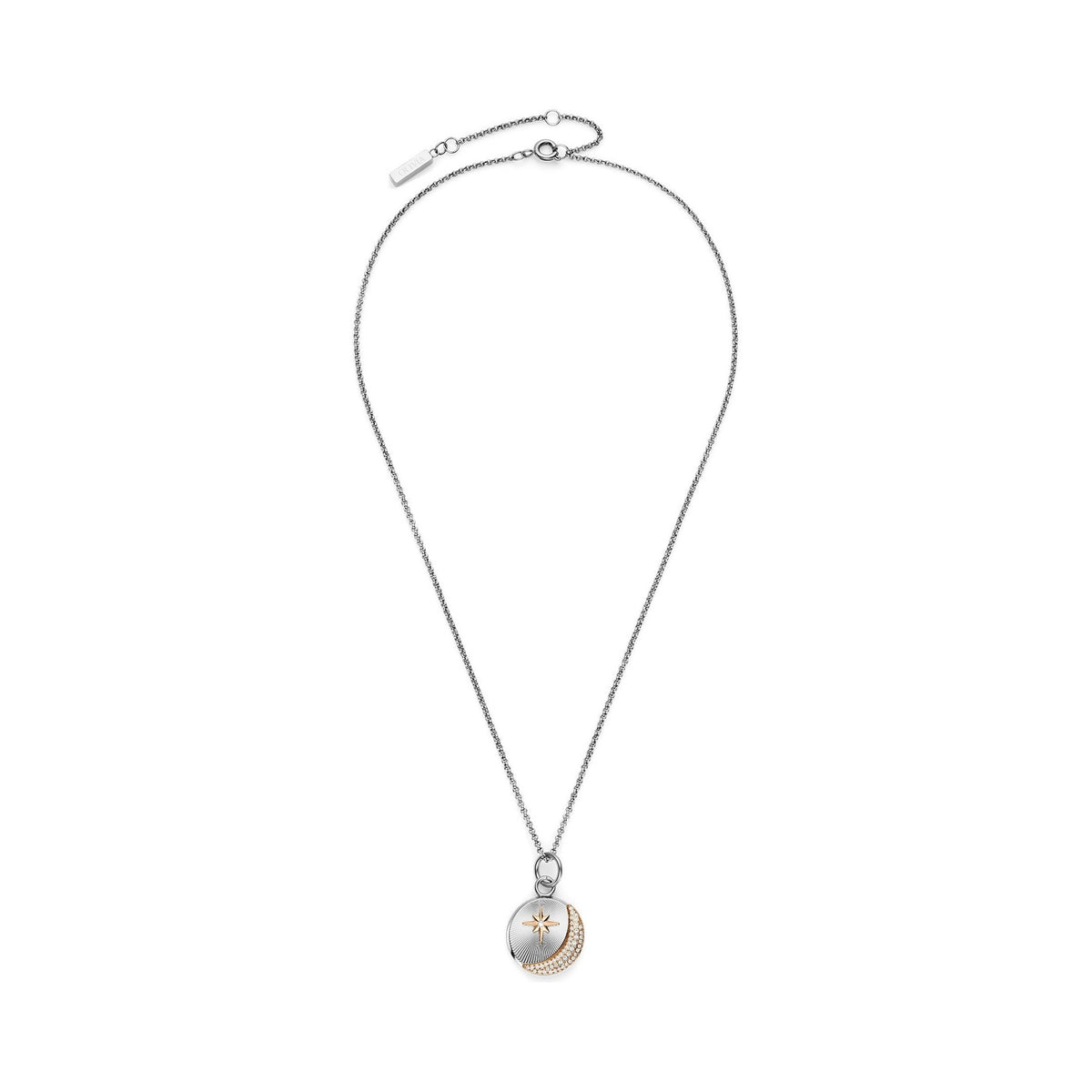 Silver chain necklace with a round pendant featuring a star and crescent moon design.