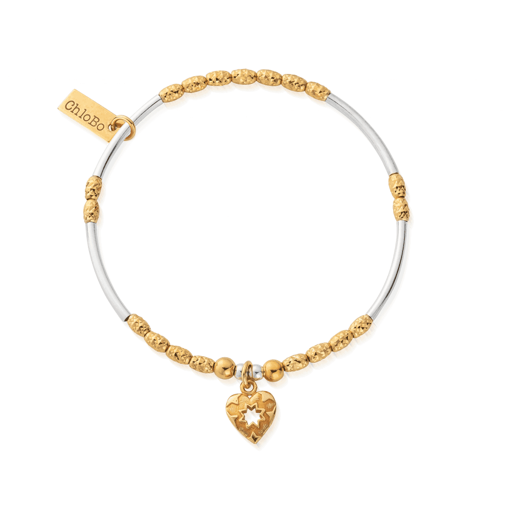 ChloBo bracelet featuring gold star heart charm, two-tone silver & gold plated beads; elegant jewelry detail.