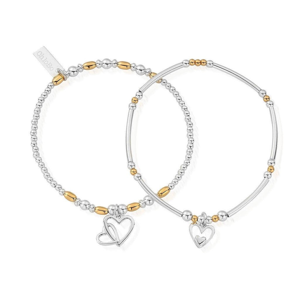 ChloBo Double Devotion bracelets. Sterling silver and gold beads, heart charm, signifies a strong bond.