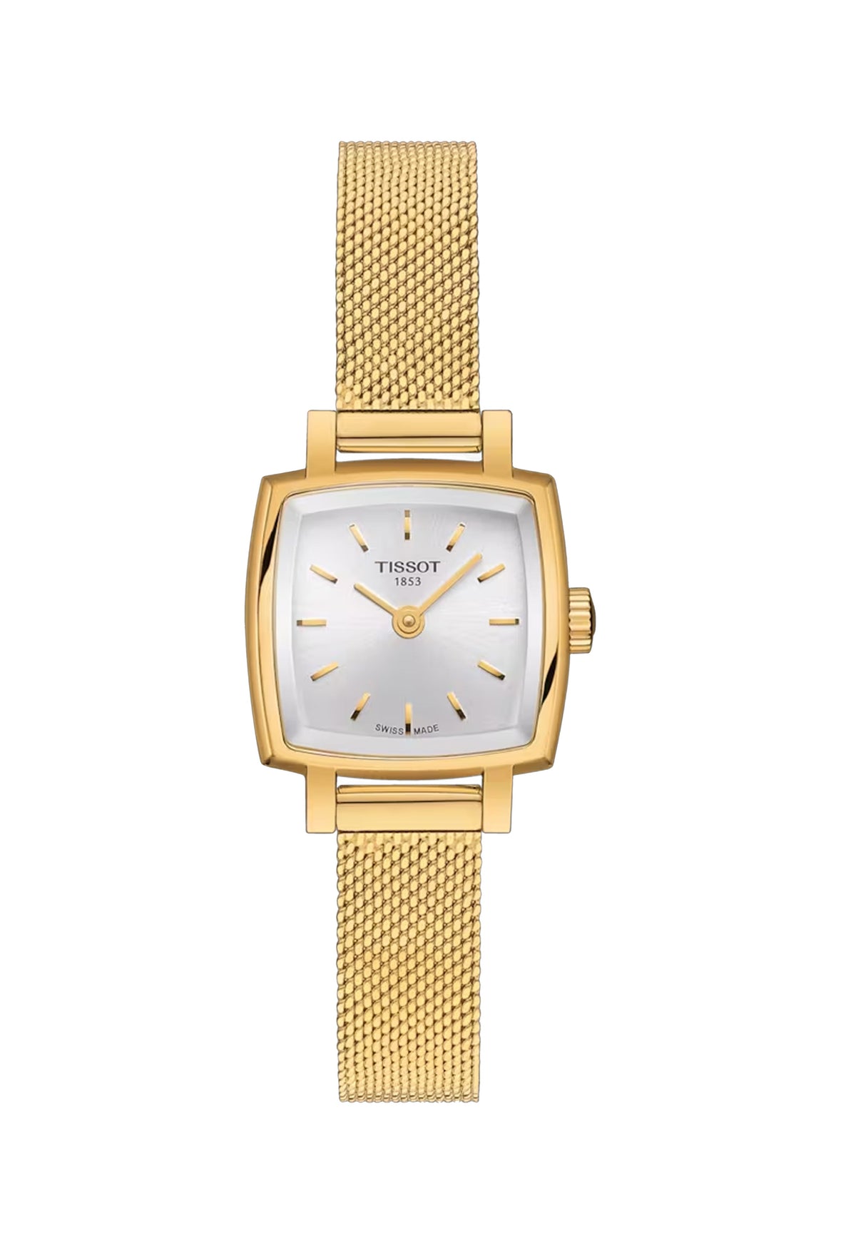 Tissot ladies watch showcasing the Lovely collection, highlighting the silver square dial and gold mesh bracelet design.