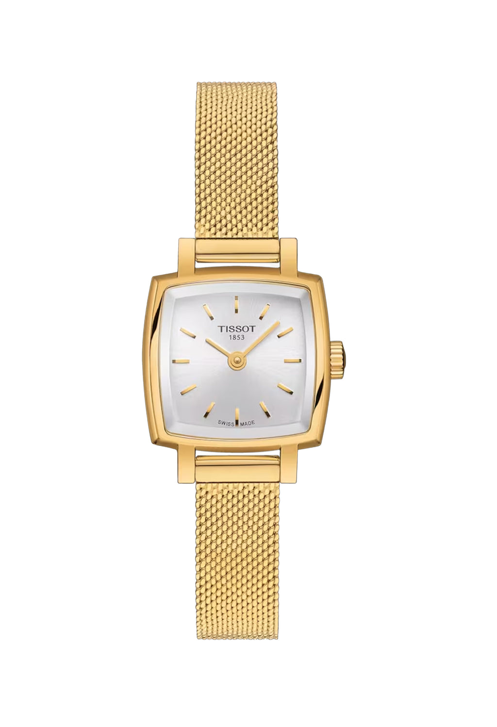 Tissot ladies watch showcasing the Lovely collection, highlighting the silver square dial and gold mesh bracelet design.
