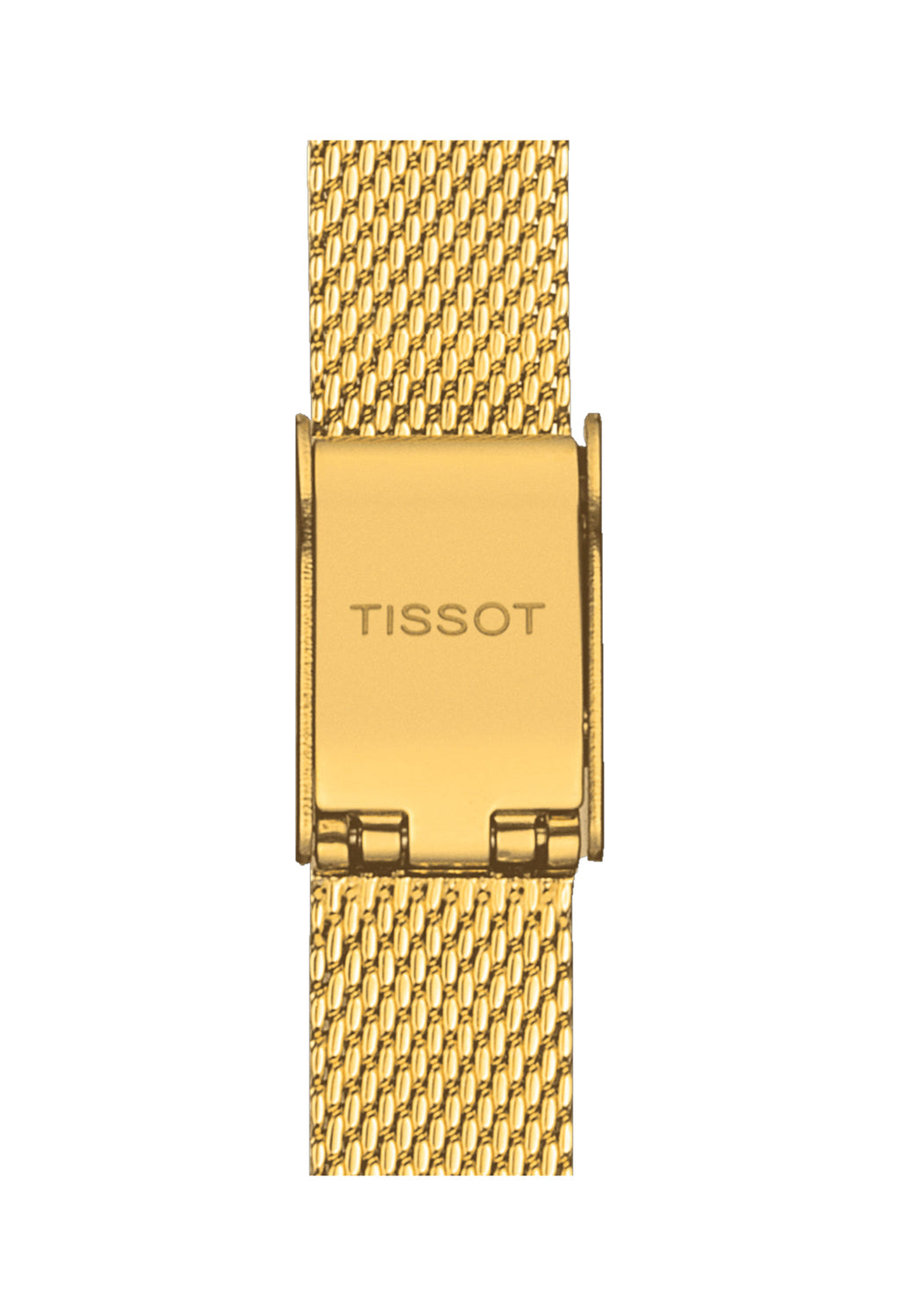 Close-up of the gold Tissot watch clasp on its mesh bracelet, showcasing the watch band detail and brand logo.