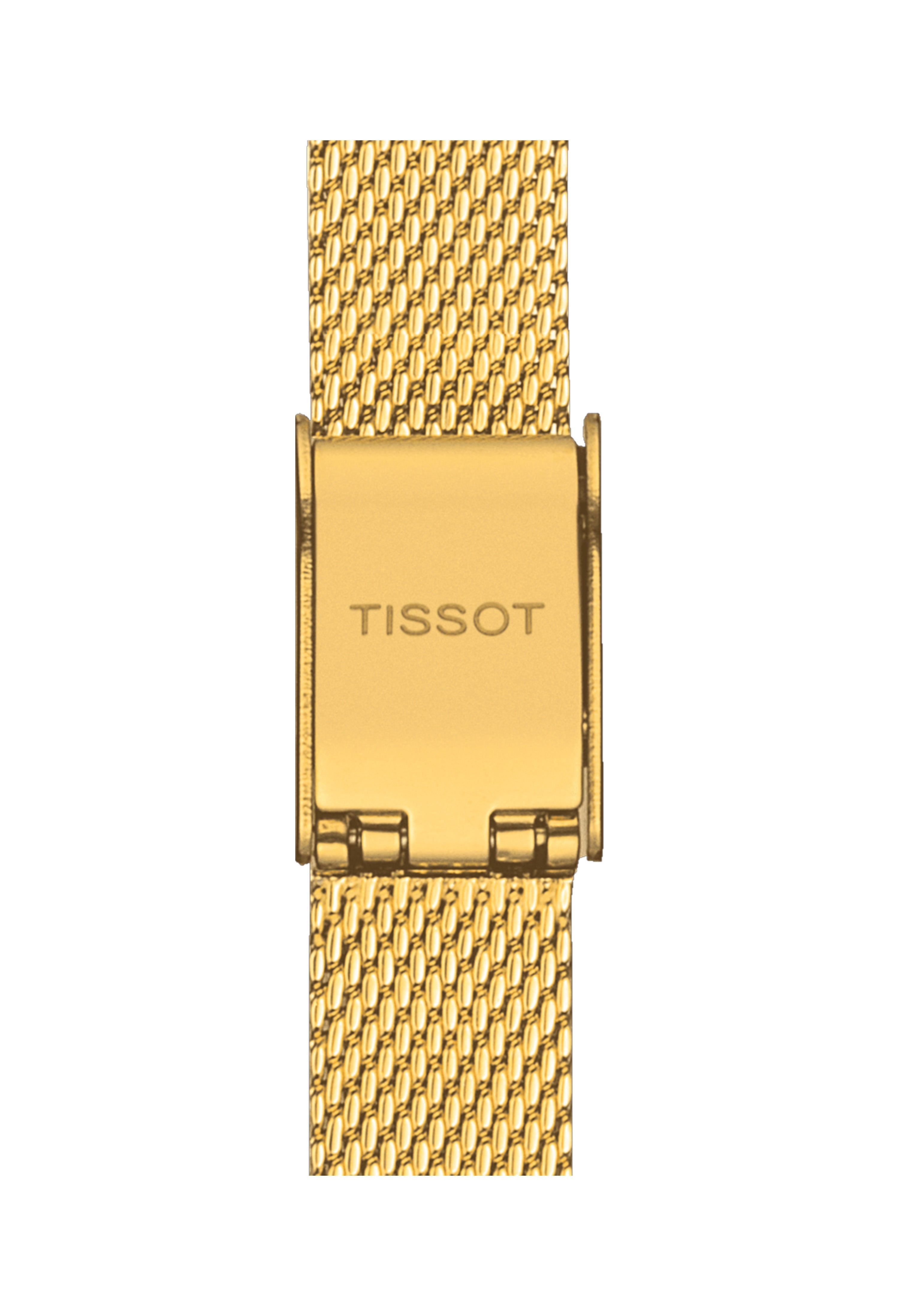 Close-up of the gold Tissot watch clasp on its mesh bracelet, showcasing the watch band detail and brand logo.