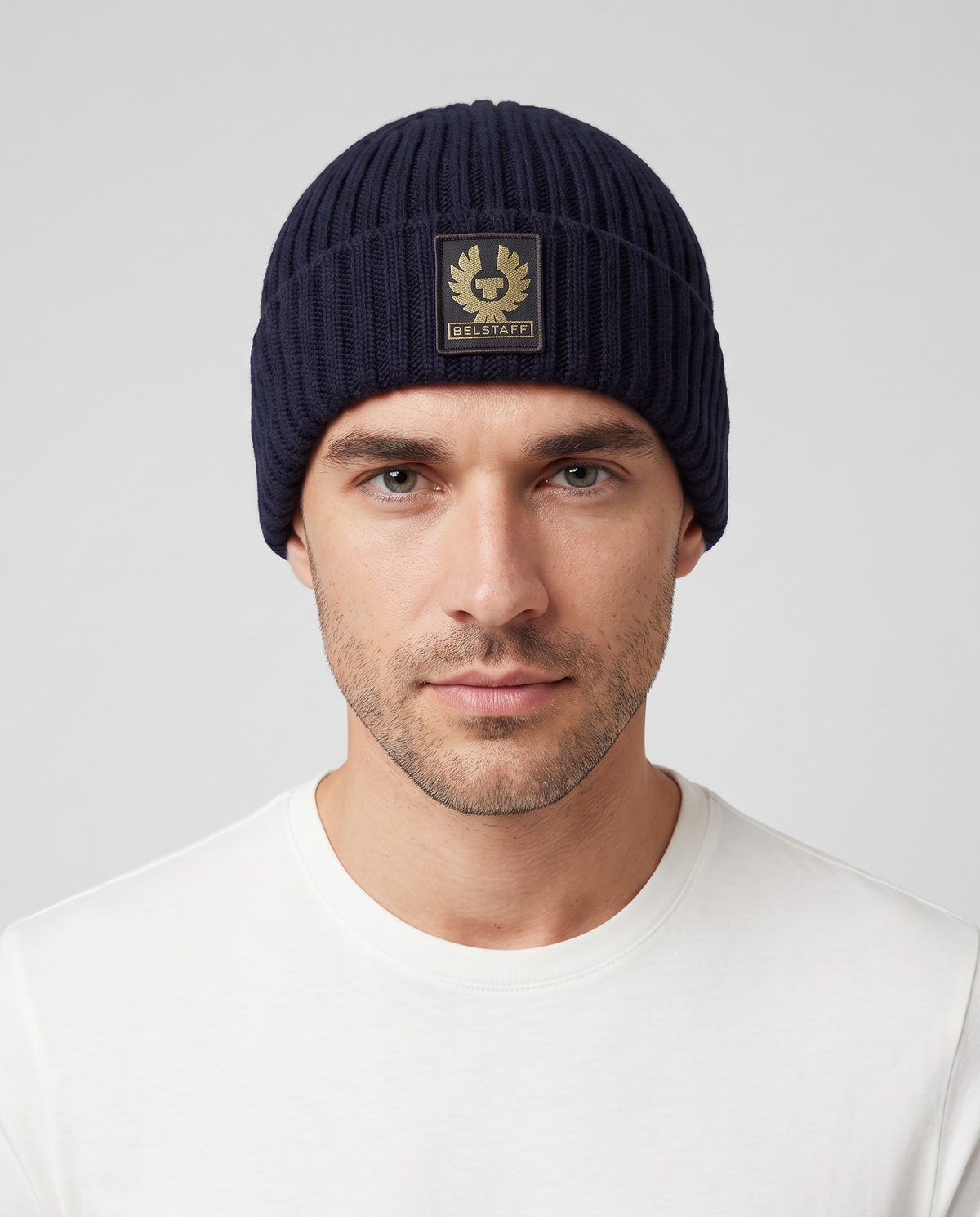 Mens Belstaff Watch Beanie Hat Dark Ink — on model