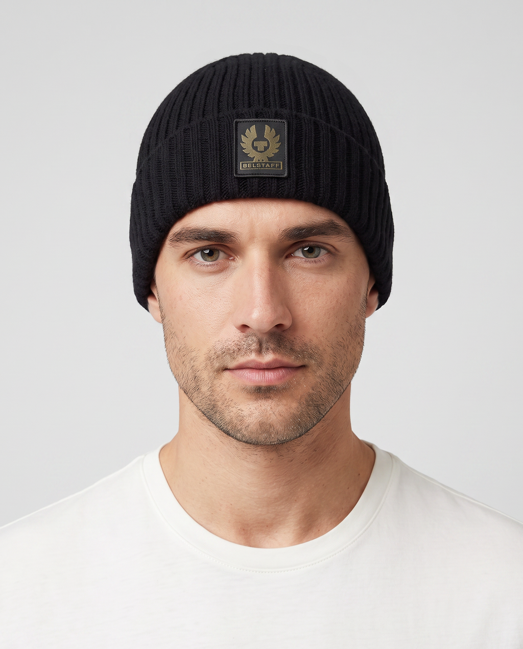 Mens Belstaff Watch Beanie Hat Black — on model
