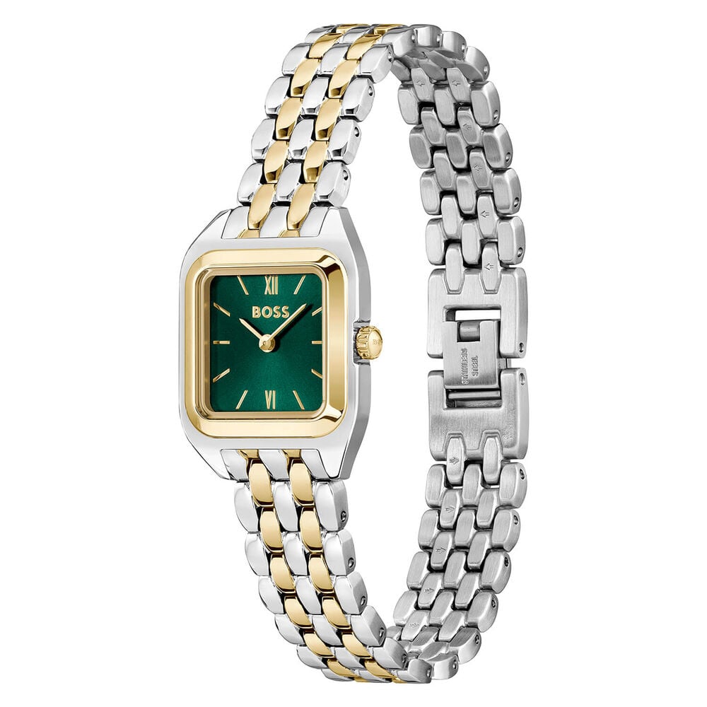 Two-tone women's watch with a green face.
