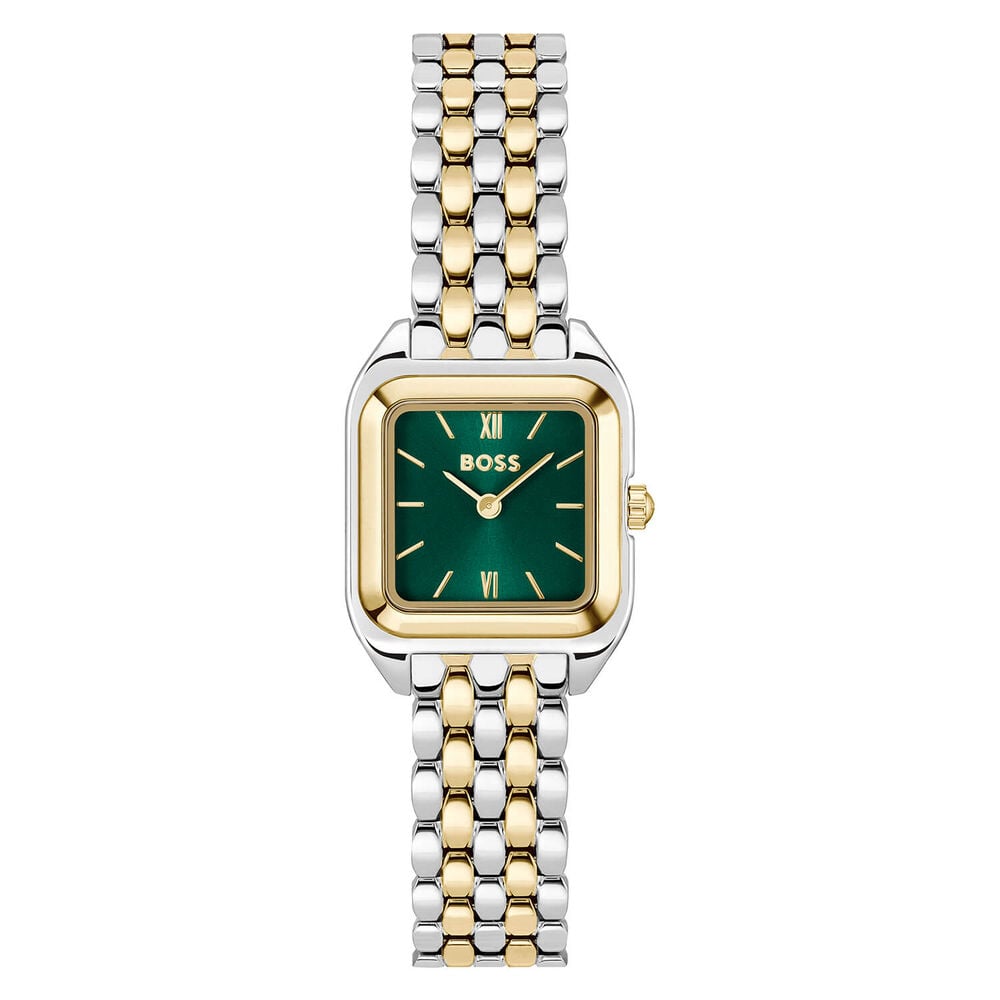 Wristwatch with green face and silver and gold linked band.
