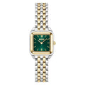 Wristwatch with green face and silver and gold linked band.
