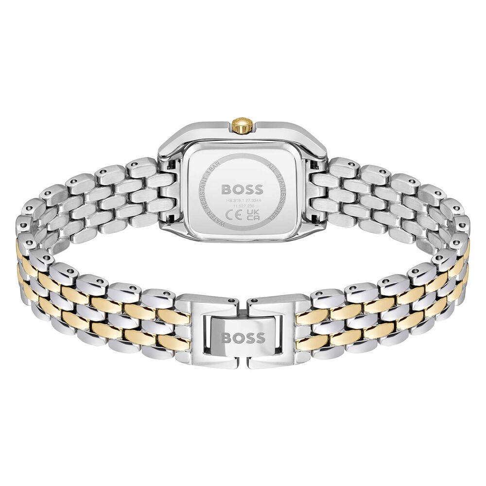 Back of a two-tone gold and silver BOSS watch.