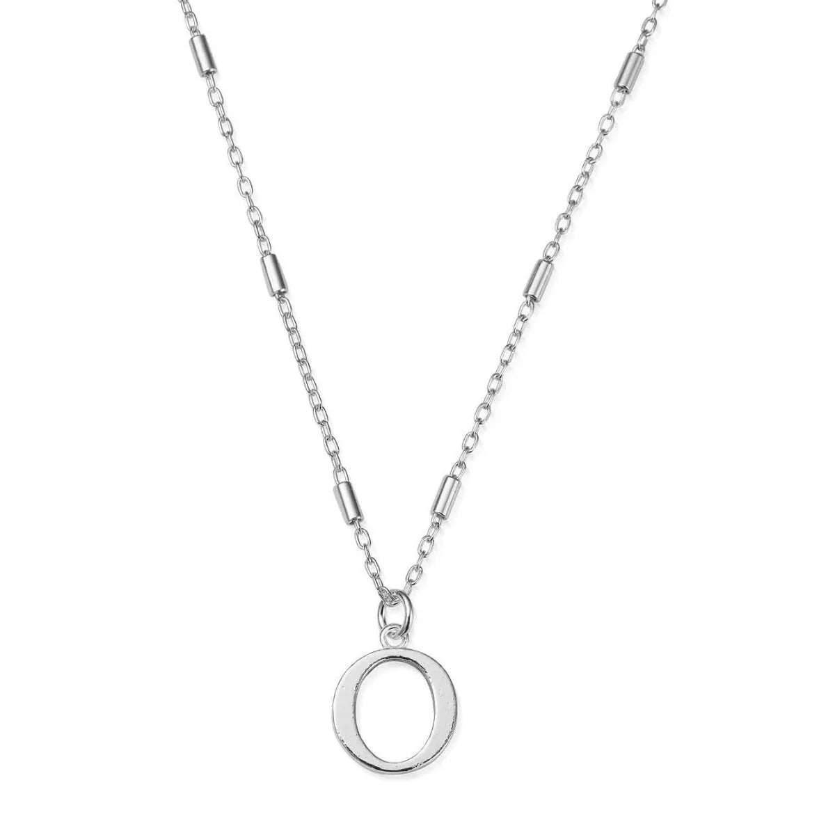 Silver necklace with a circular pendant.
