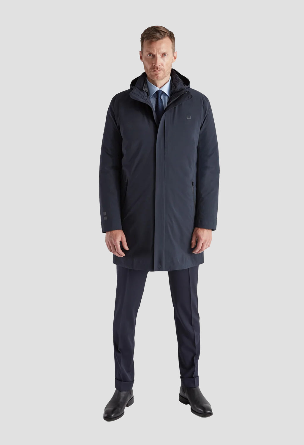Model Wearing UBR Black Storm Coat Navy 