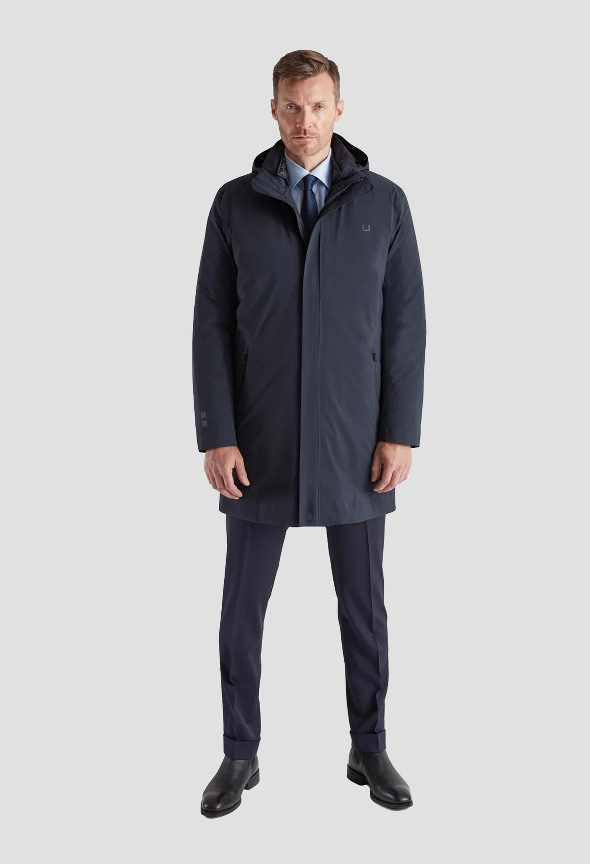 Model Wearing UBR Black Storm Coat Navy 