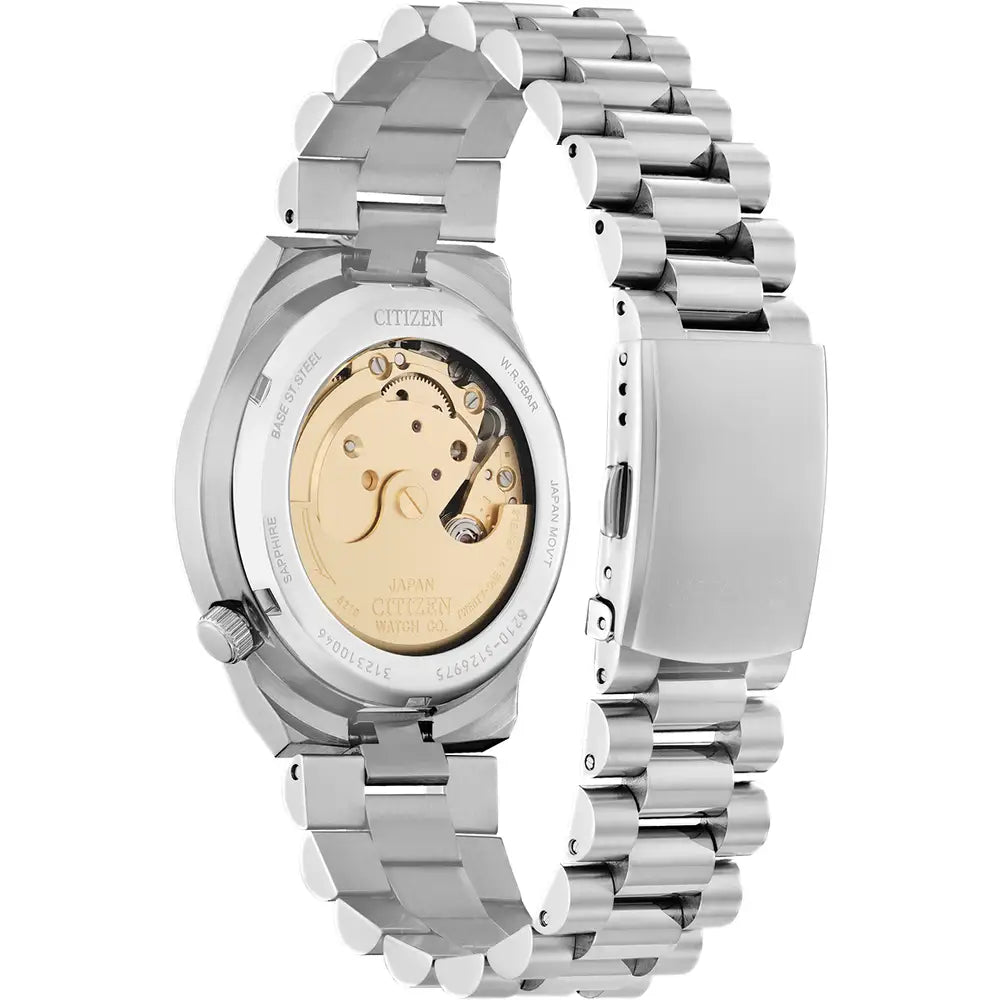Silver watch with clear back.
