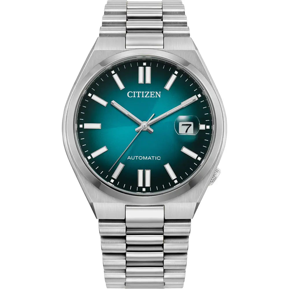 Silver Citizen watch with teal face.
