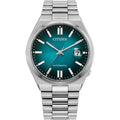 Silver Citizen watch with teal face.
