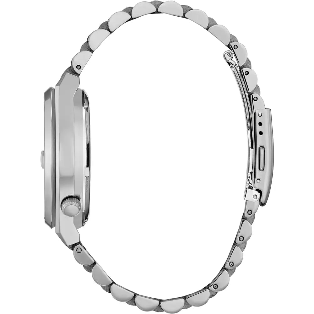 Silver wristwatch, side view.
