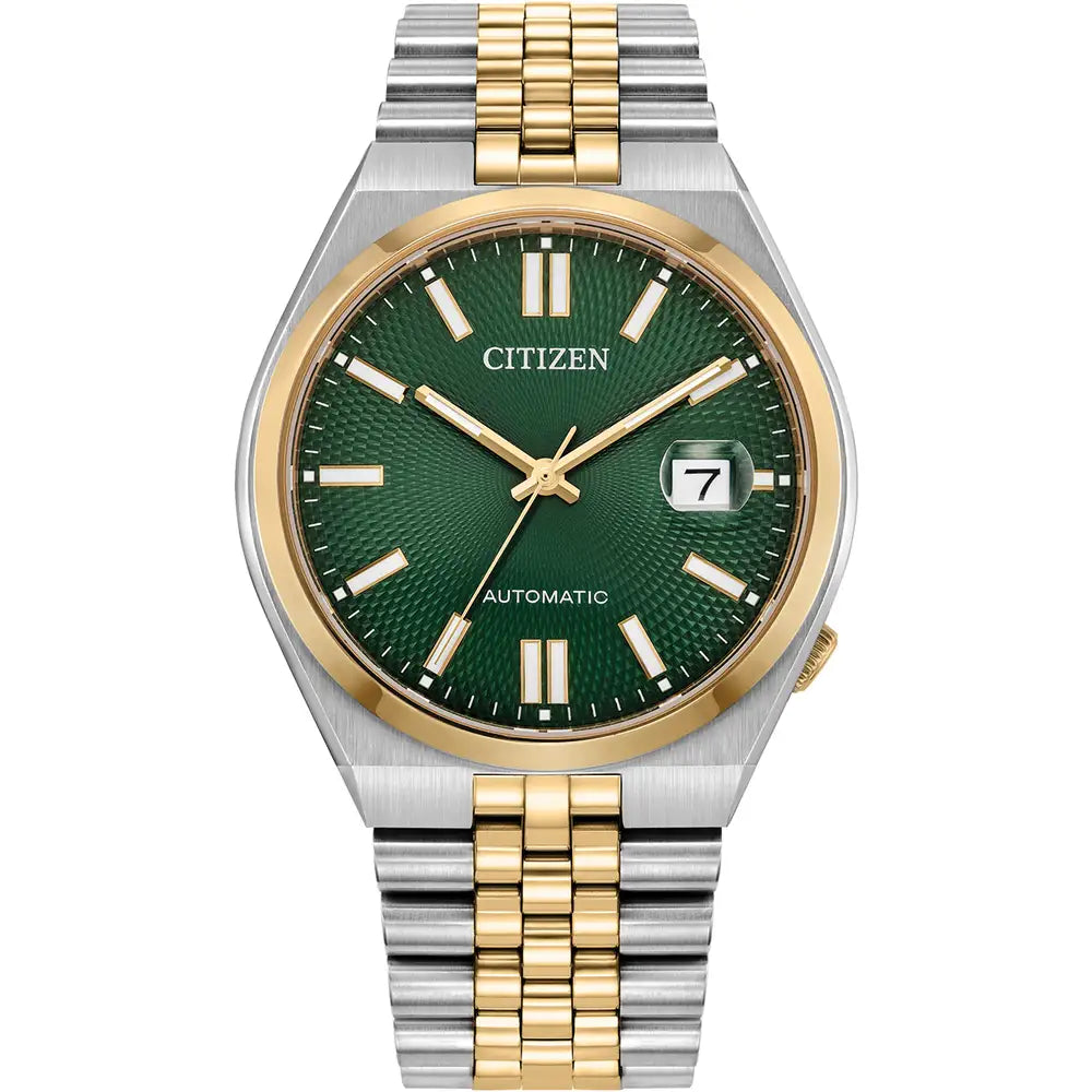 Citizen automatic watch with green dial and two-tone band.
