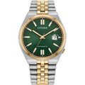 Citizen automatic watch with green dial and two-tone band.
