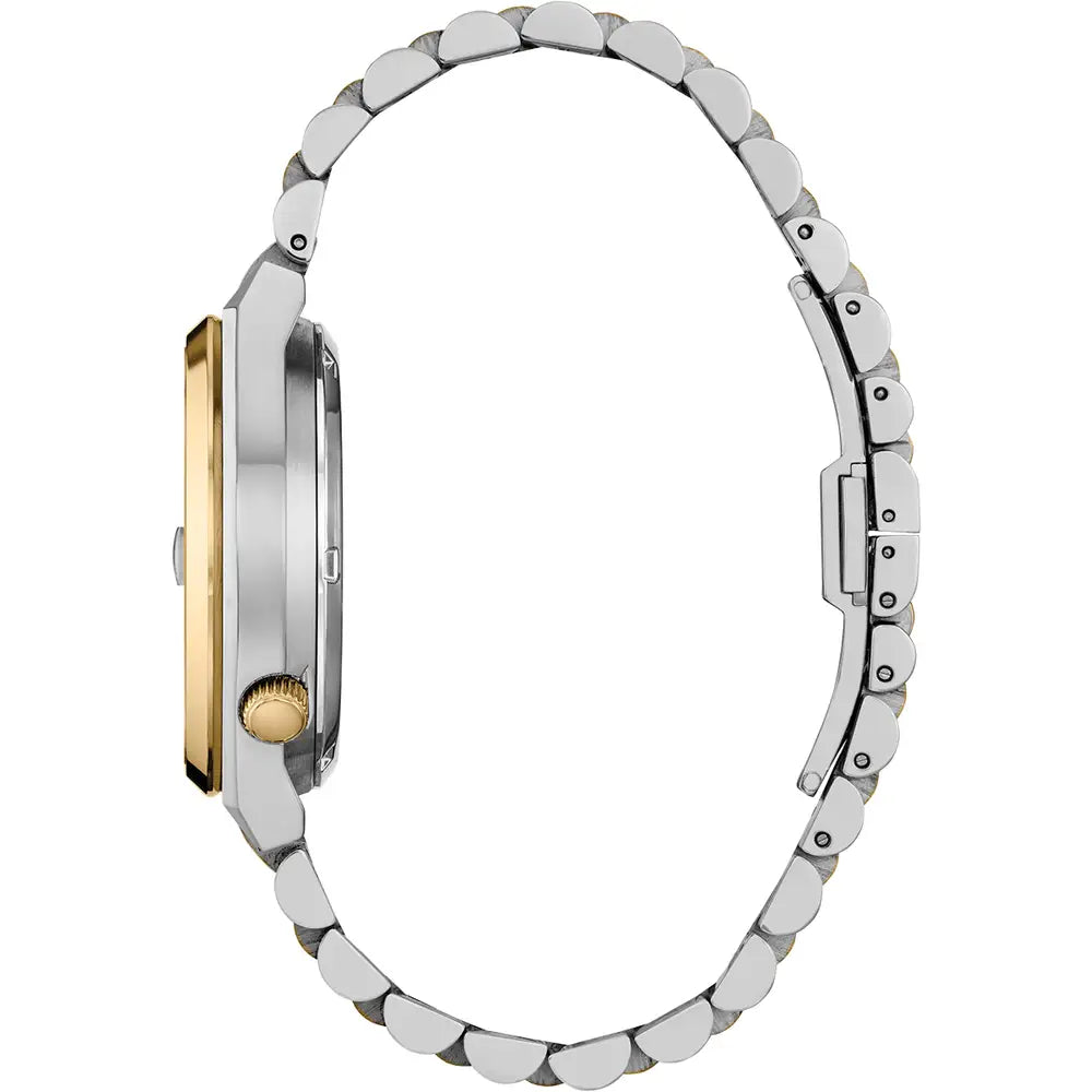 Side view of a two-tone silver and gold wristwatch.