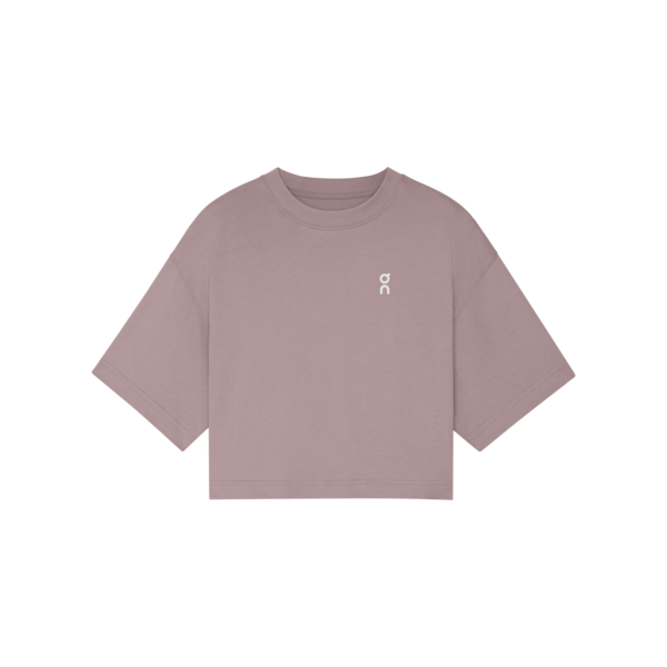 Mauve t-shirt with a small logo on a white background