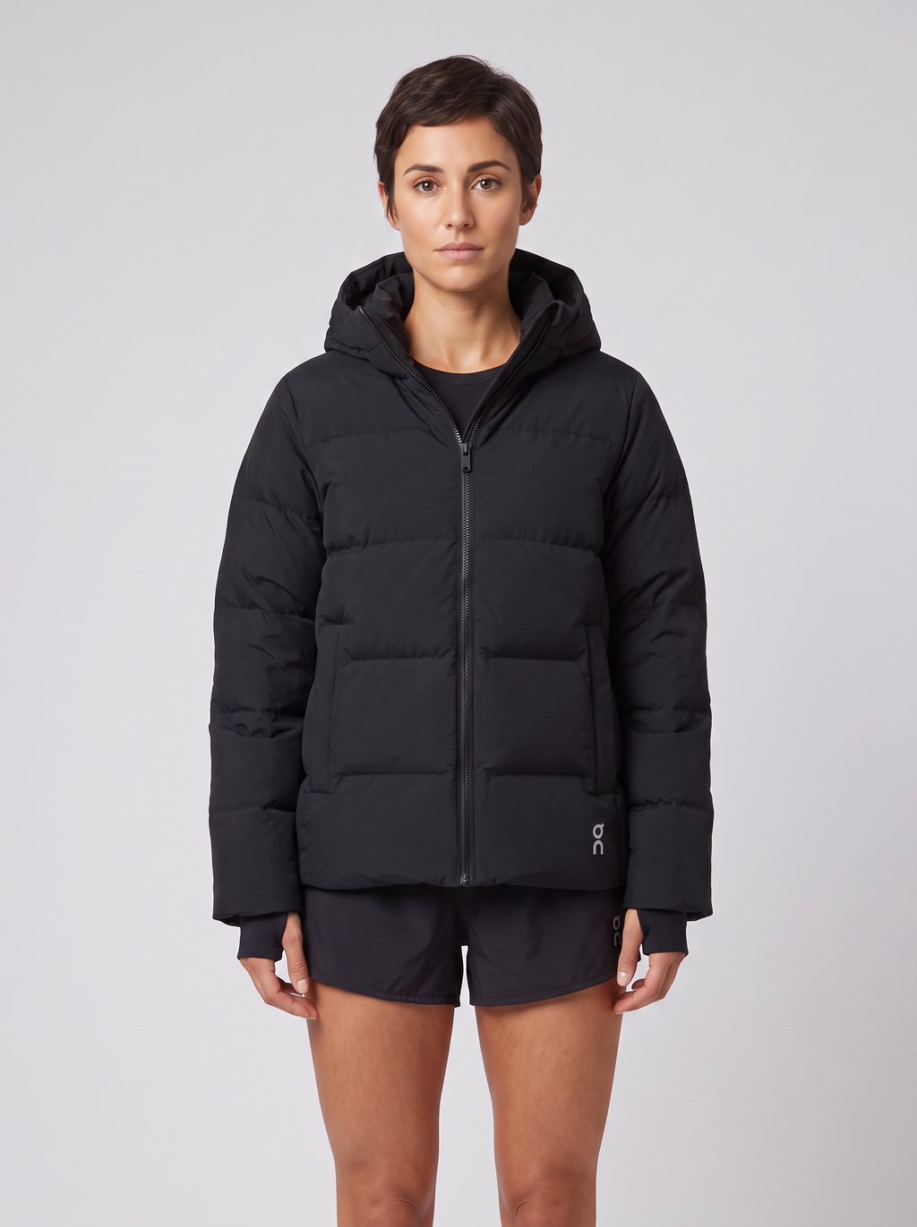 Women's On Running All Day Puffer Coat in Black worn by model