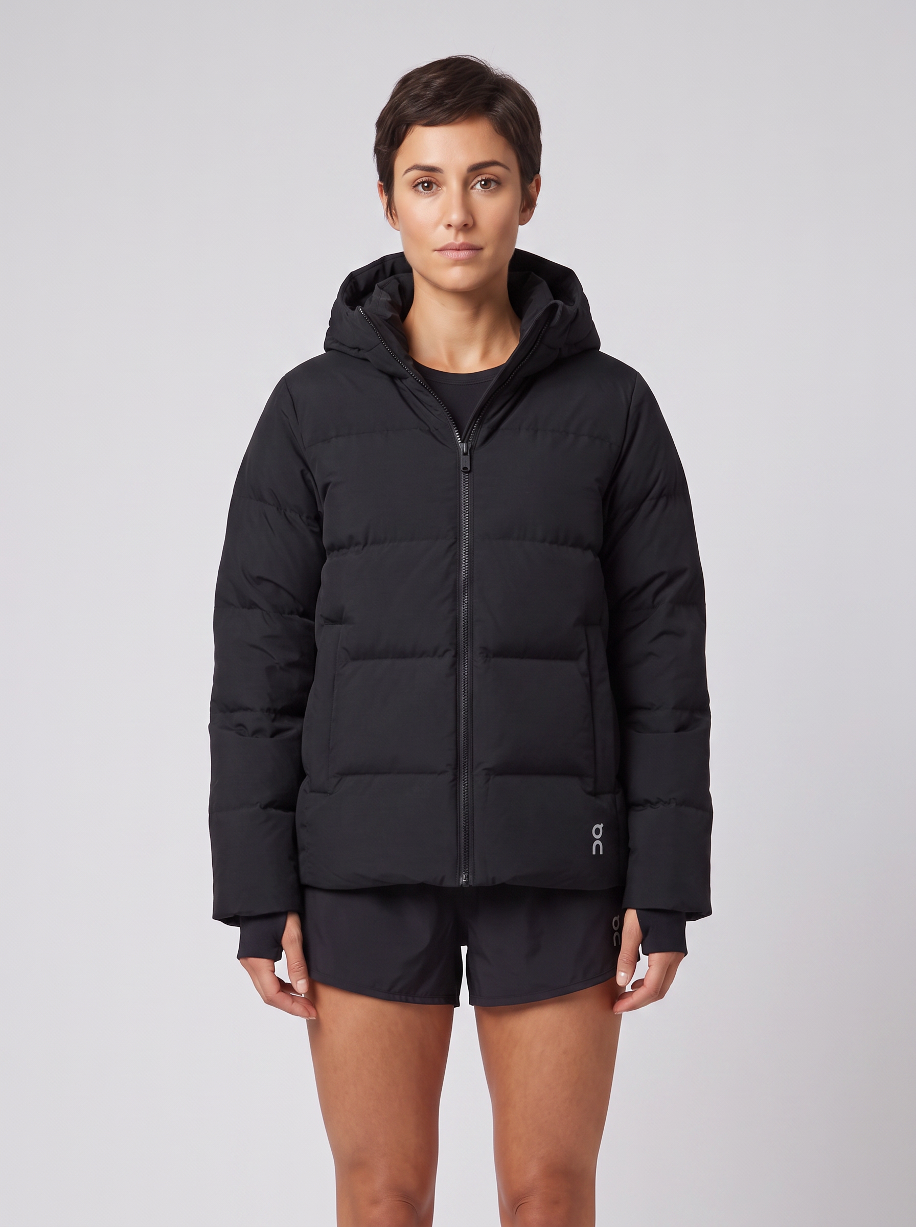 Women's On Running All Day Puffer Coat in Black worn by model
