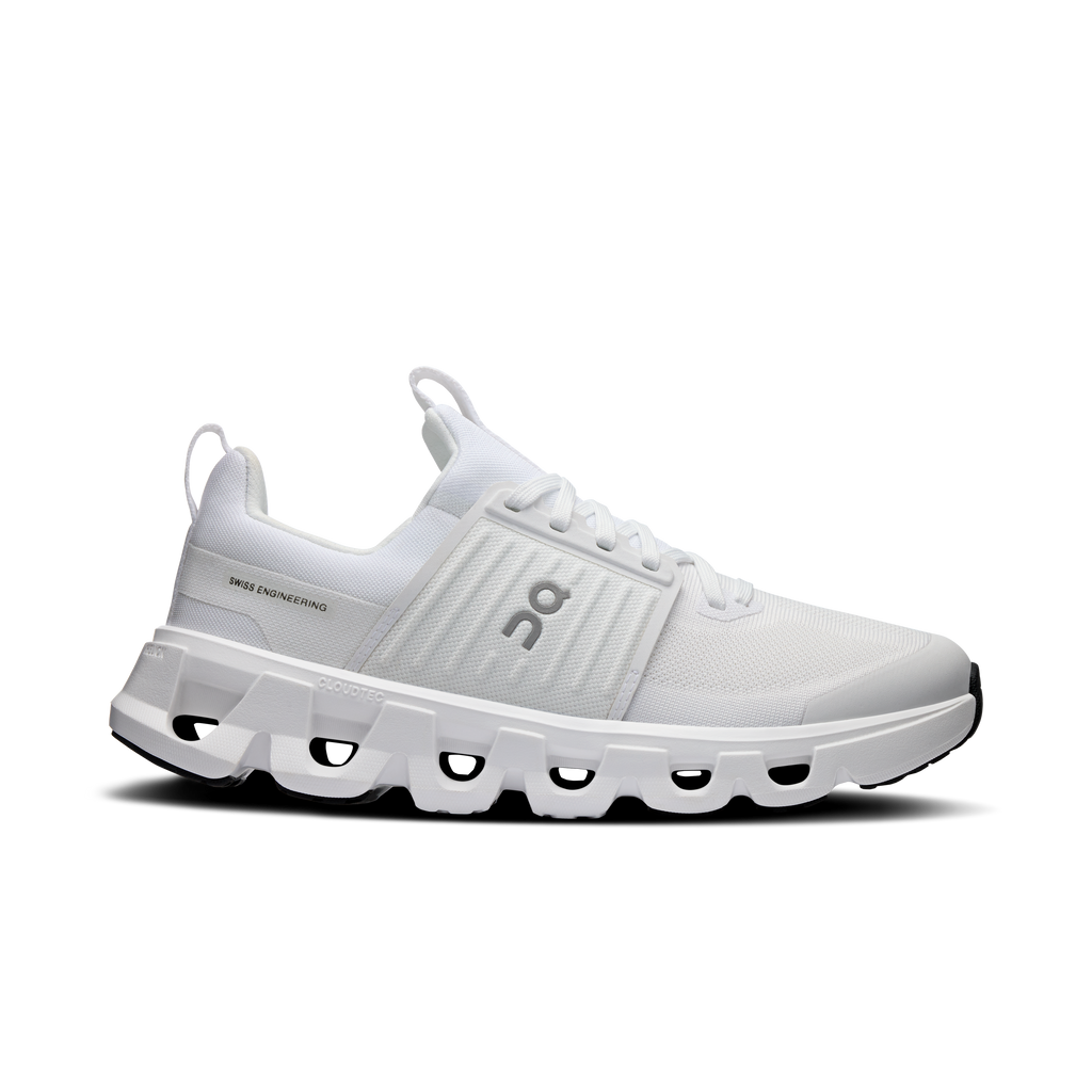 Unisex On Running Kids All White Cloudswift 4 Trainers with reflective on logo