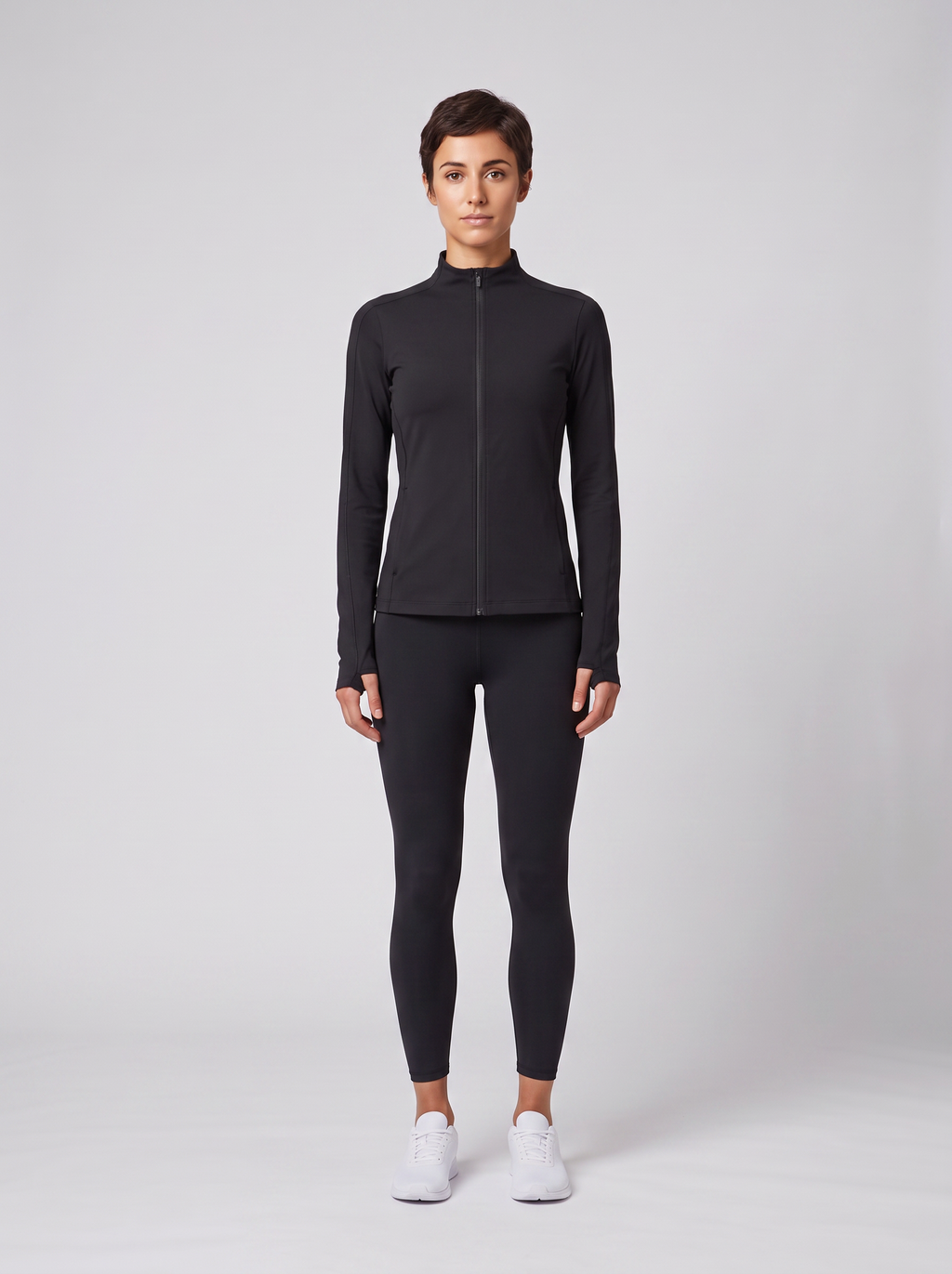 Women's On Running Black Studio Jacket & 7/8 Tights Set worn by model