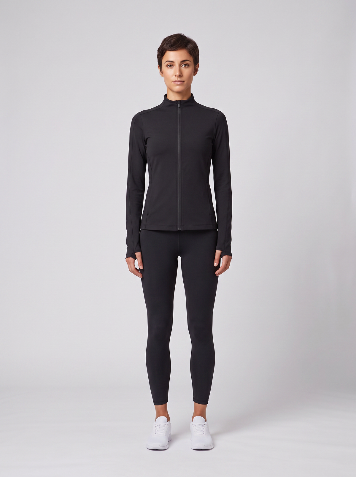 Women's On Running Black Studio Jacket & 7/8 Tights Set worn by model