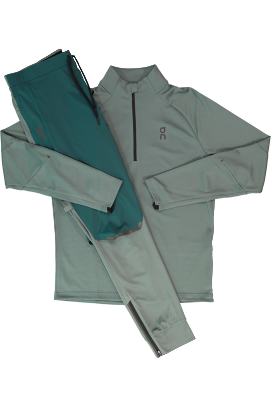 Men's On Running Olive 1/4 Zip Climate Shirt & Spirulina Olive Weather Pants Set