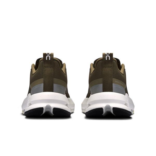 Pair of olive green and white athletic shoes on a white background