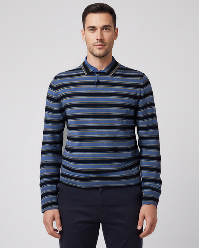 Mens Paul Smith Blue Stripe Merino Polo Shirt