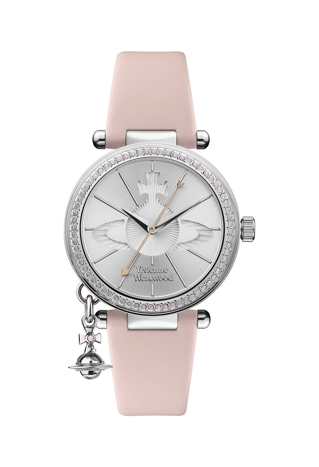 Vivienne Westwood watch featuring a silver dial, pastel pink strap, and orb charm, highlighting the designer's signature