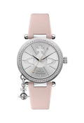 Vivienne Westwood watch featuring a silver dial, pastel pink strap, and orb charm, highlighting the designer's signature